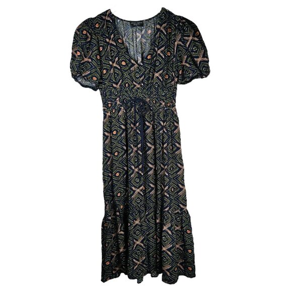 Dress Forum Size Small Puff Sleeve Ruffle Green Dress Midi Geometric - Picture 1 of 6